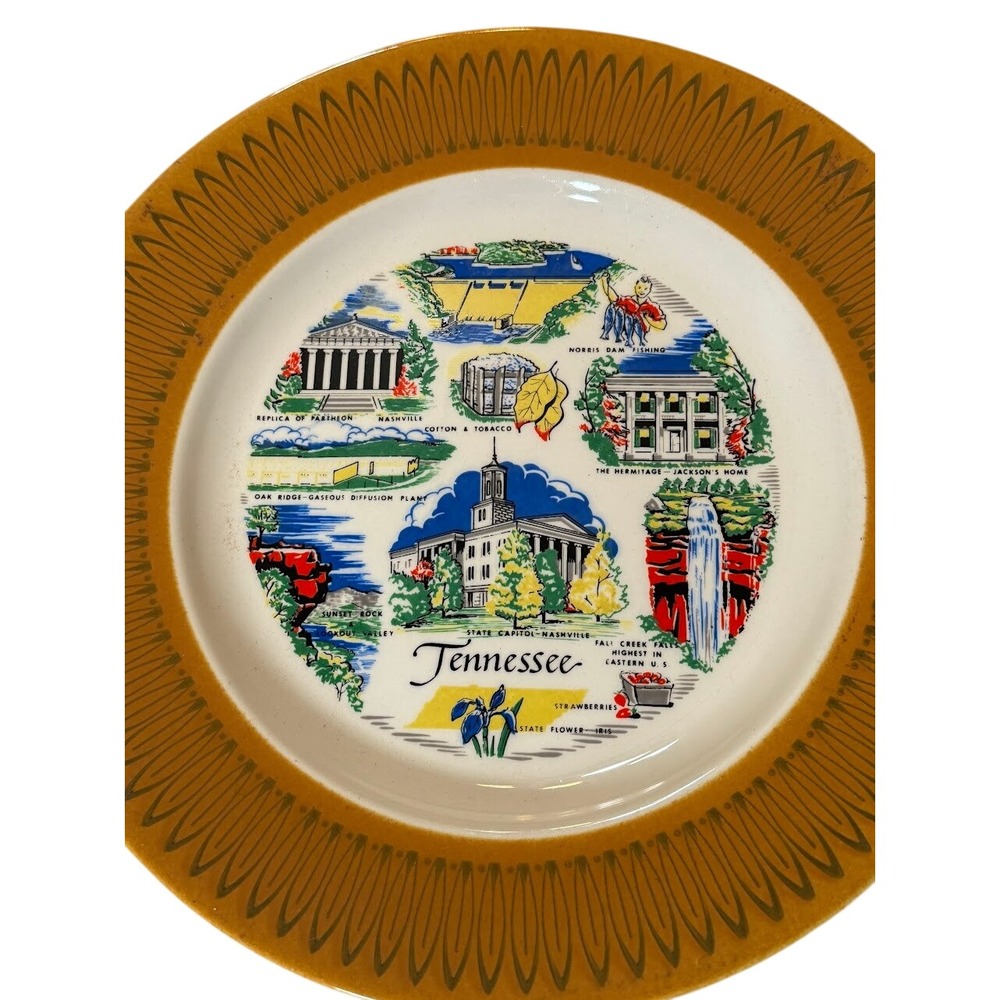 Tennessee Souvenir Plate Vintage Homer laughlin Morocco Pattern 1960s Mustard - Picture 2 of 9